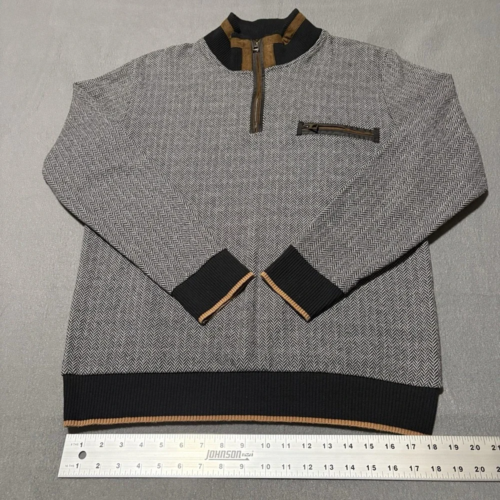 Dewberry Quarter Zip Sweater Mens XL Gray Herringbone Suede Mock‎ Neck Pullover